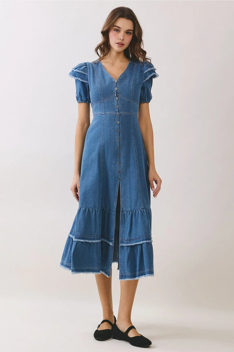 Denim Button Down Front Slit Tiered Midi Dress