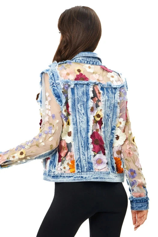 Denim Blue Lace Jacket with Floral Embroidery