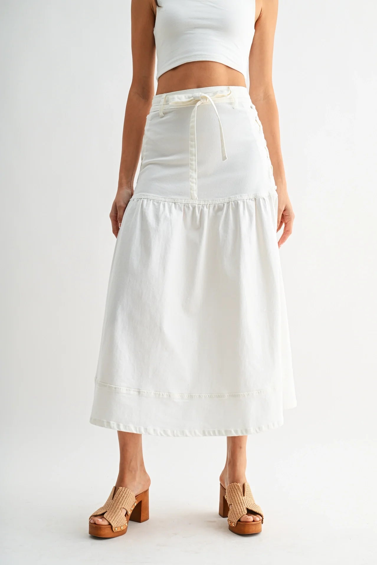 Denim Midi Skirt with Lace-Up Detail