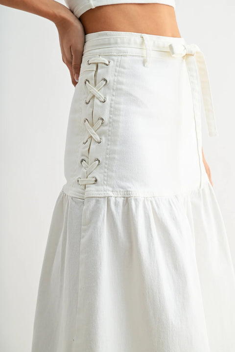 Denim Midi Skirt with Lace-Up Detail