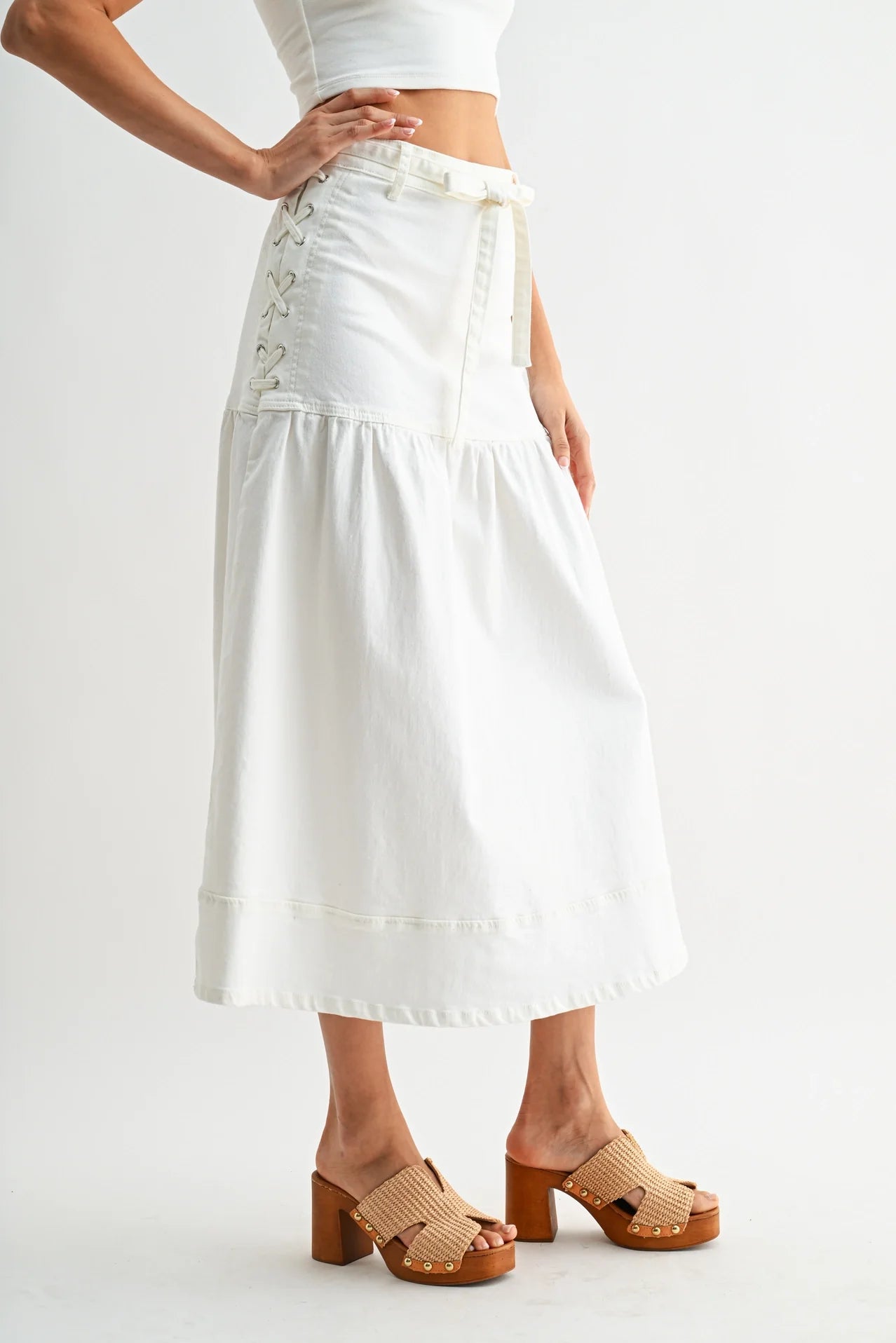 Denim Midi Skirt with Lace-Up Detail