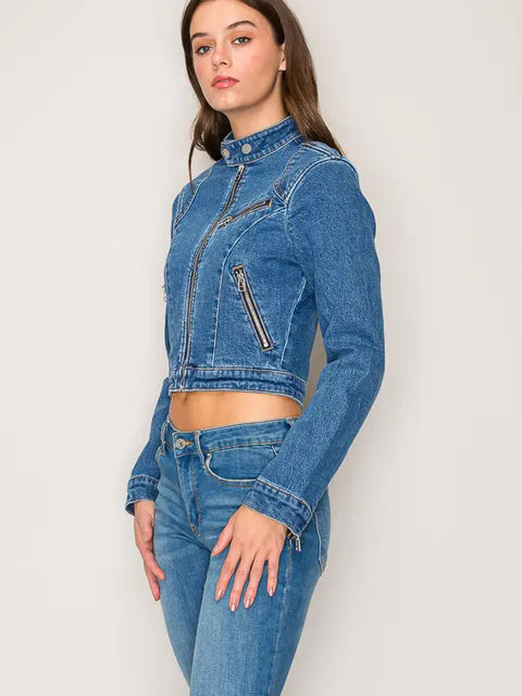 Denim Zip Pocket Biker Jacket