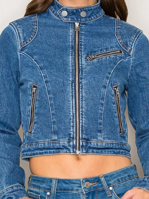 Denim Zip Pocket Biker Jacket