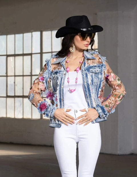Denim and Lace Embroidered Jacket
