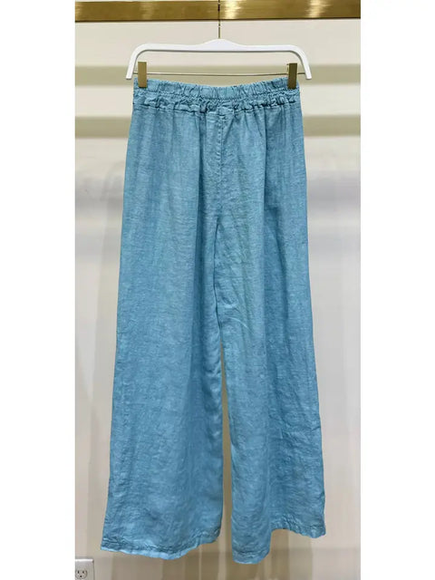 Diamond Lace Waistband Wide Leg Linen Pants - Blue Zuccero