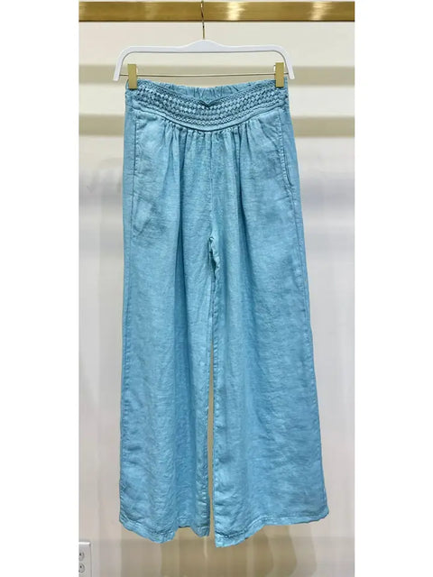 Diamond Lace Waistband Wide Leg Linen Pants - Blue Zuccero