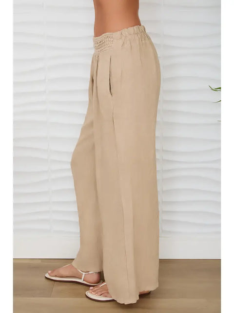 Diamond Lace Waistband Wide Leg Linen Pants - Earth Beige