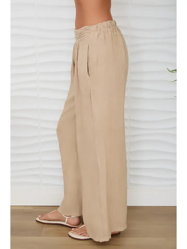Diamond Lace Waistband Wide Leg Linen Pants Earth Beige