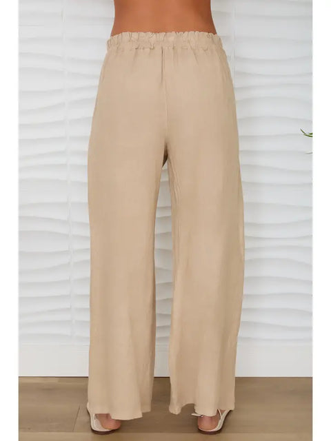 Diamond Lace Waistband Wide Leg Linen Pants - Earth Beige