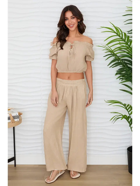 Diamond Lace Waistband Wide Leg Linen Pants - Earth Beige