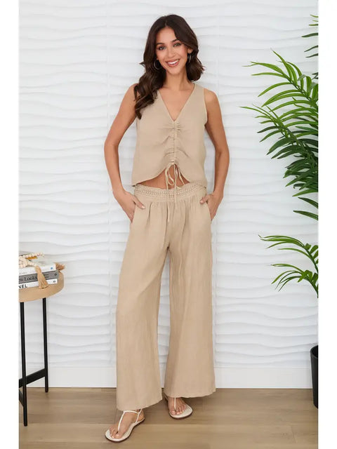 Diamond Lace Waistband Wide Leg Linen Pants - Earth Beige