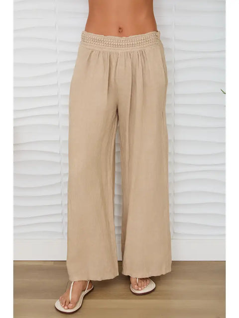 Diamond Lace Waistband Wide Leg Linen Pants - Earth Beige