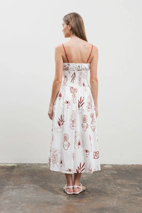 Doodle Print Smocked Detail Midi Dress