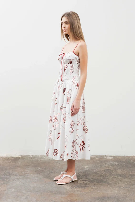 Doodle Print Smocked Detail Midi Dress