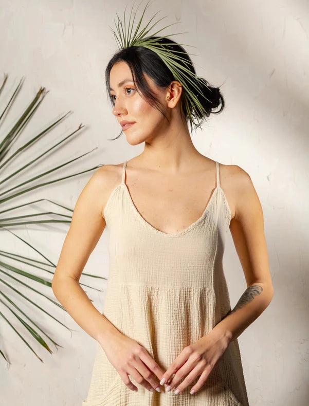 Double Gauze Black Strap Midi Dress Beige