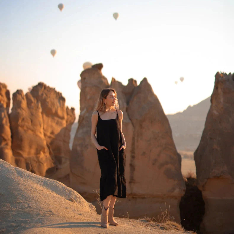 Double Gauze Black Strap Midi Dress Black