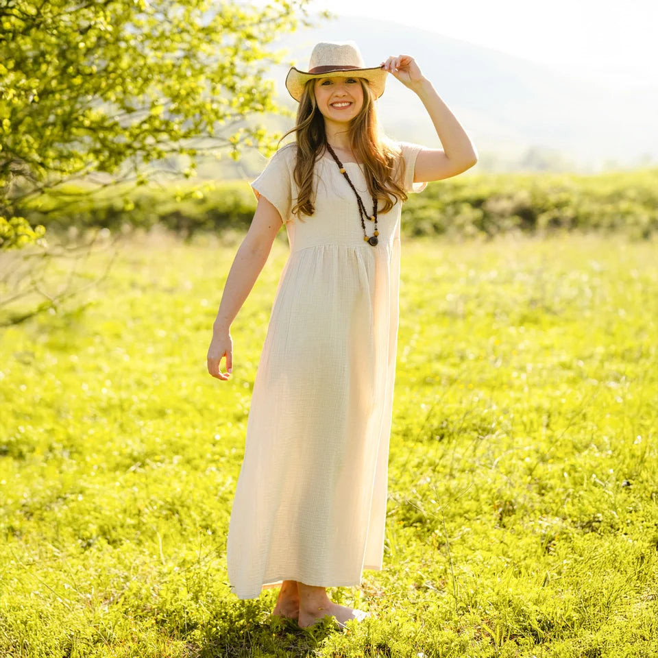Double Gauze Cotton Beige Midi Dress Beige