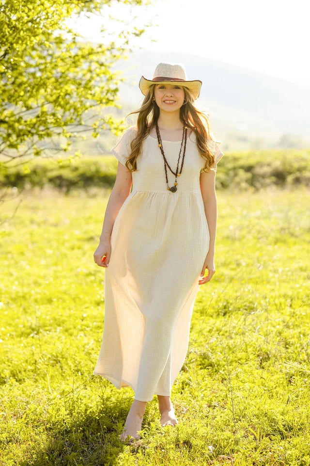 Double Gauze Cotton Beige Midi Dress Beige