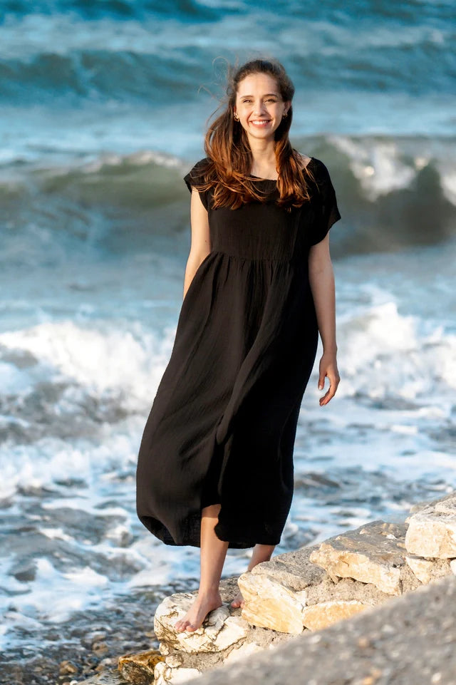 Double Gauze Cotton Beige Midi Dress Black