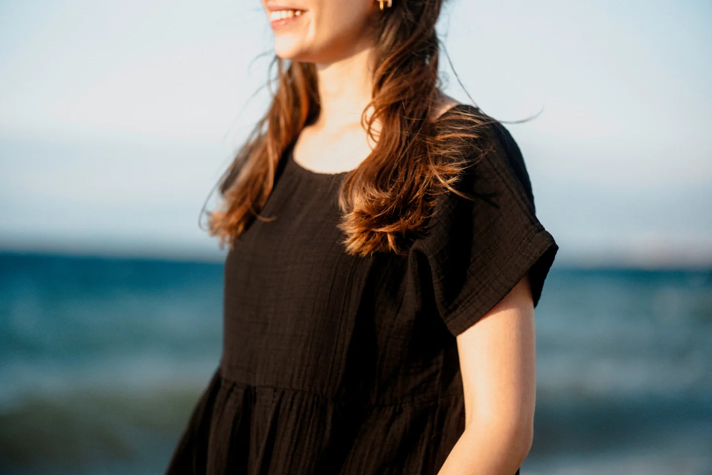 Double Gauze Cotton Beige Midi Dress Black