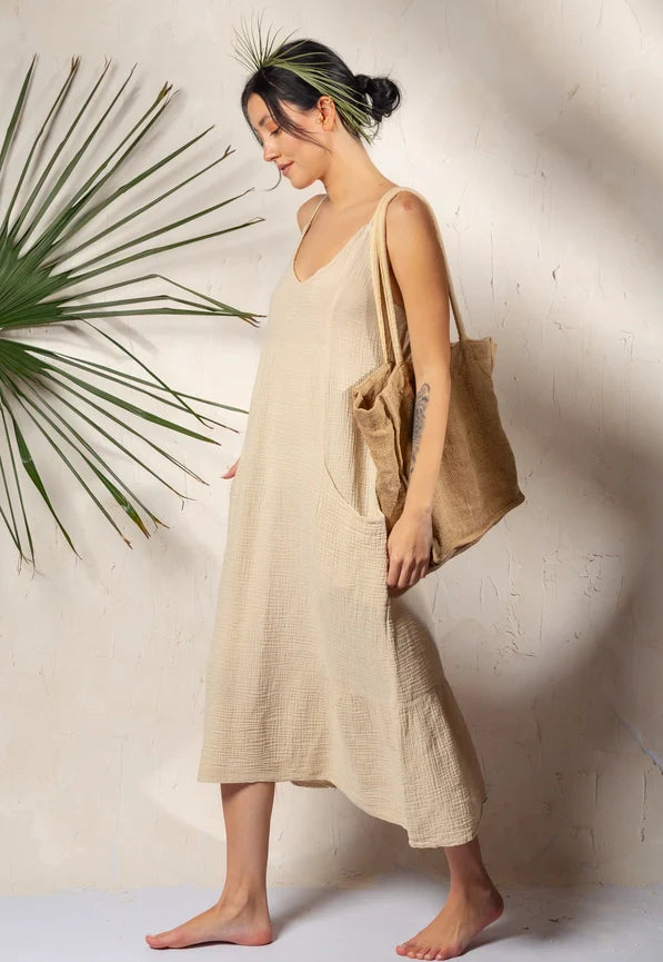 Double Gauze Muslin Cotton Strap Midi Dress Beige