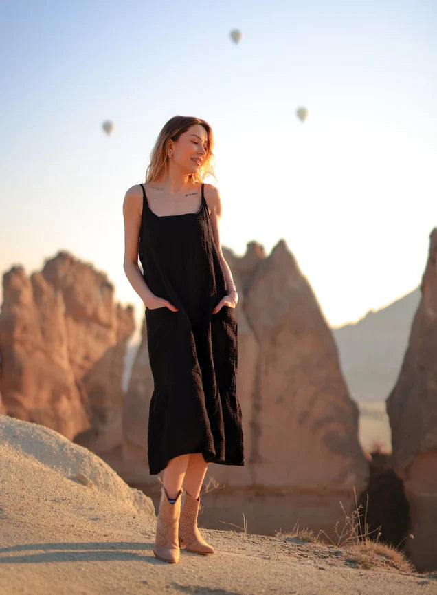 Double Gauze Muslin Cotton Strap Midi Dress Black