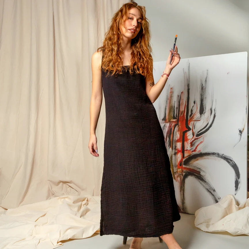 Double Gauze Scoop Neck Midi Dress Black