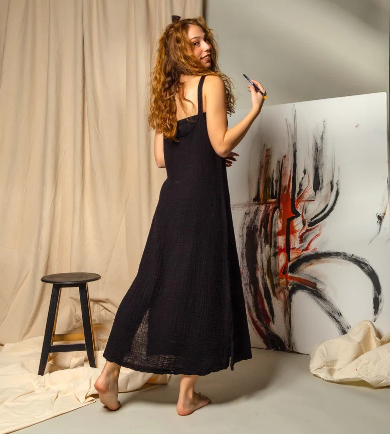 Double Gauze Scoop Neck Midi Dress Black