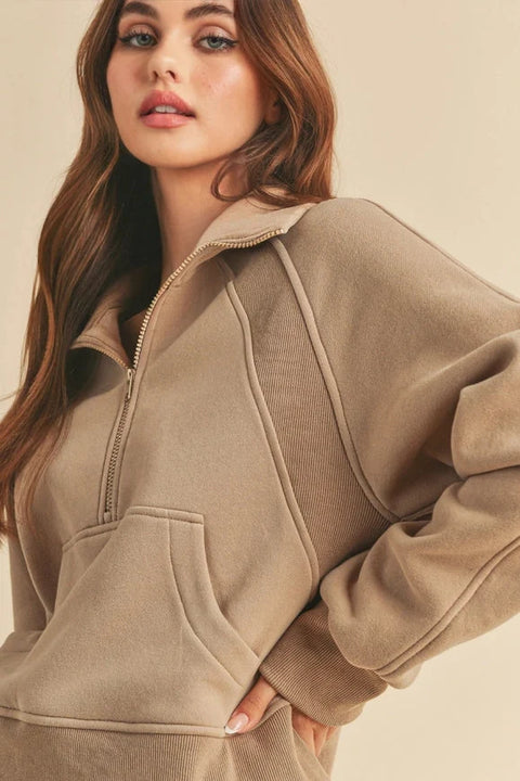 Dove Funnel Neck Half Zip Sweatshirt - Oat