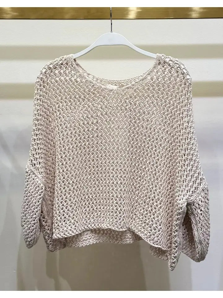 Drop Shoulder Crochet V-Neck Tunic Beige