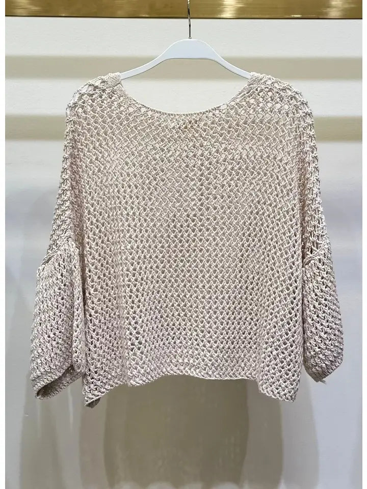 Drop Shoulder Crochet V-Neck Tunic Beige