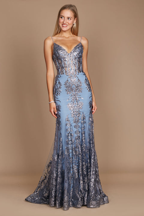 Dylan & Davids Fitted Corset Long Formal Prom Dress Platinum