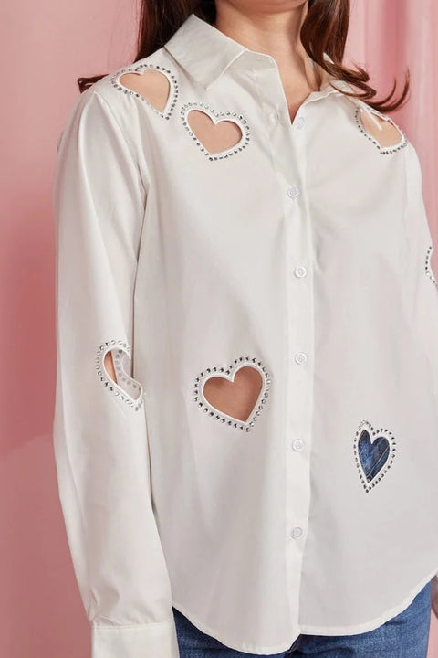 Embellished Heart Cut Out Long Sleeve Blouse White