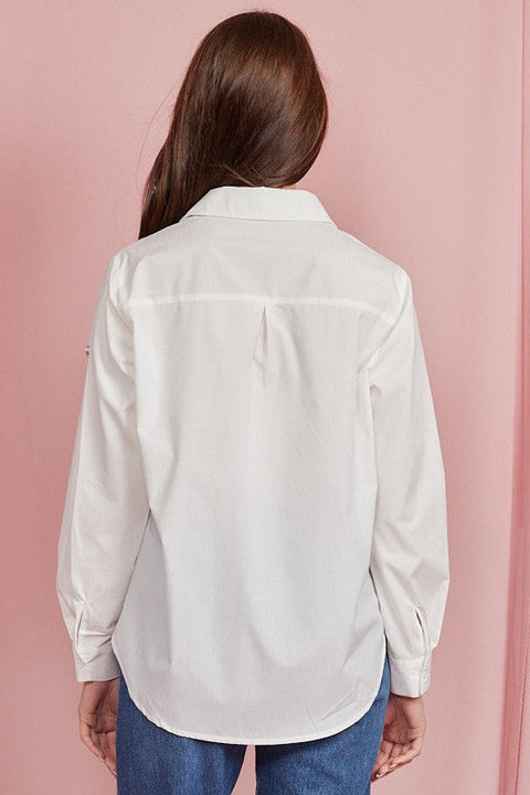 Embellished Heart Cut Out Long Sleeve Blouse White