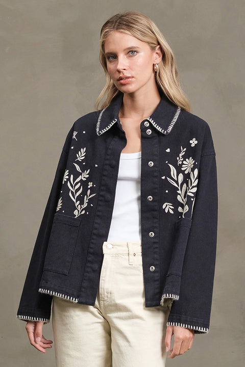 Embroidered Folk Jacket - Navy