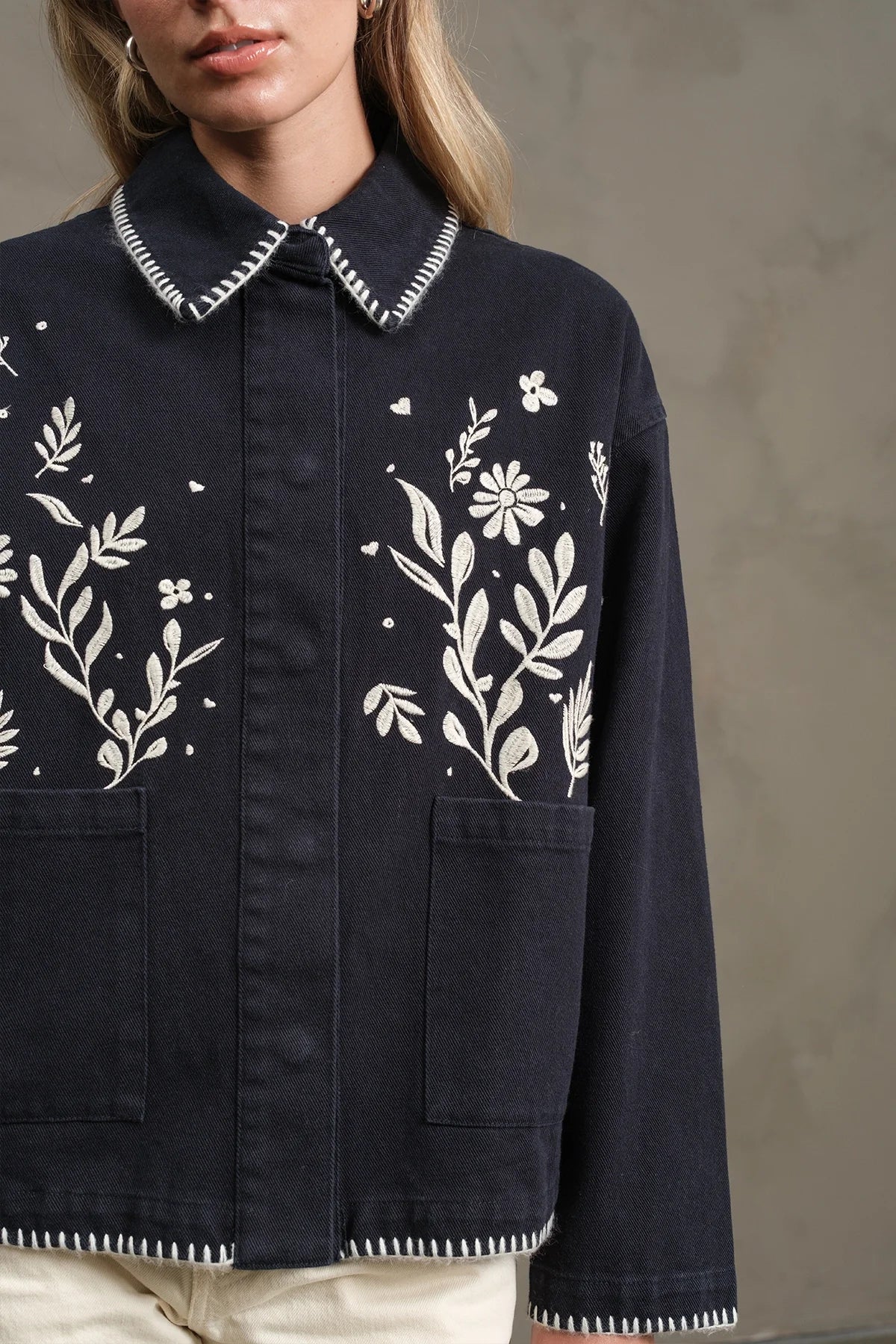 Embroidered Folk Jacket - Navy