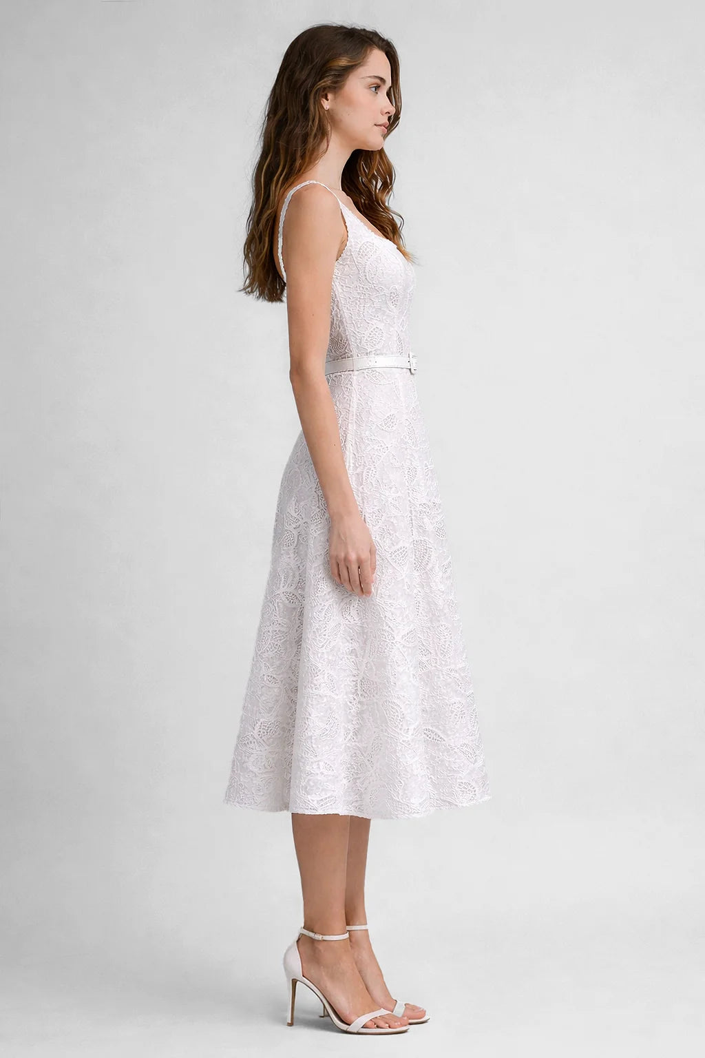Embroidered Lace Midi Dress Belted Square Neck