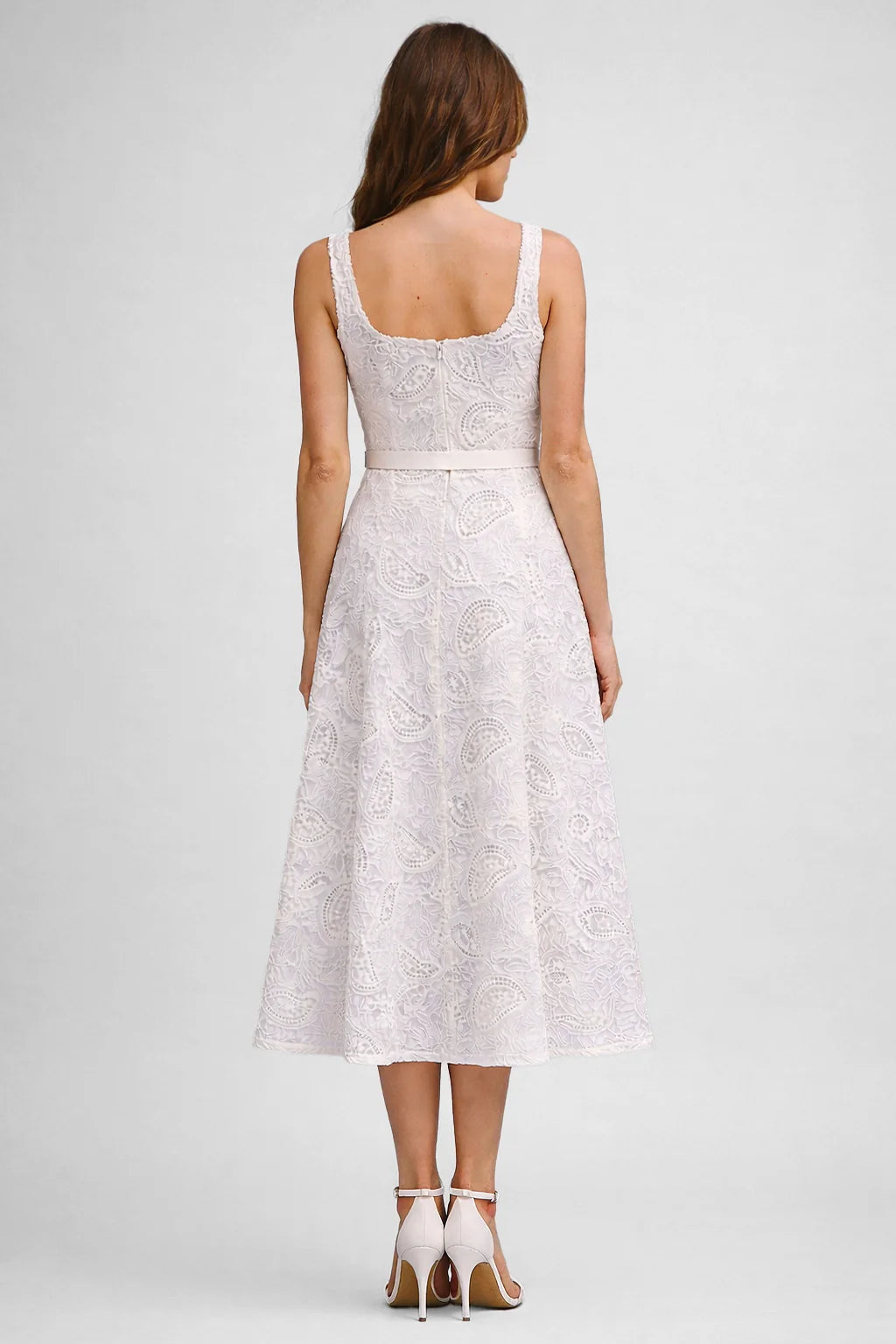 Embroidered Lace Midi Dress Belted Square Neck