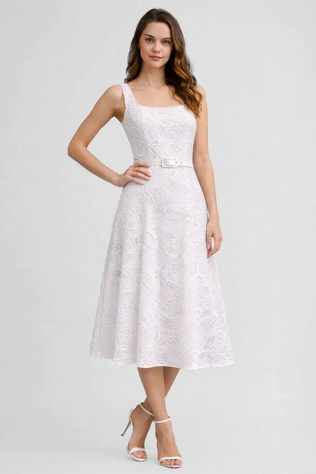 Embroidered Lace Midi Dress Belted Square Neck