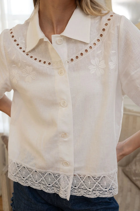 Embroidered Lace Trim Button Blouse