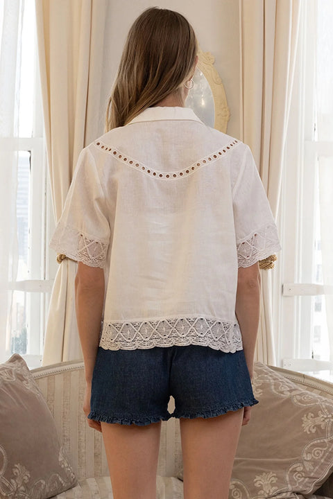 Embroidered Lace Trim Button Blouse