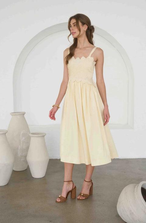 Embroidered Pintuck Detail Spaghetti Strap Midi Dress