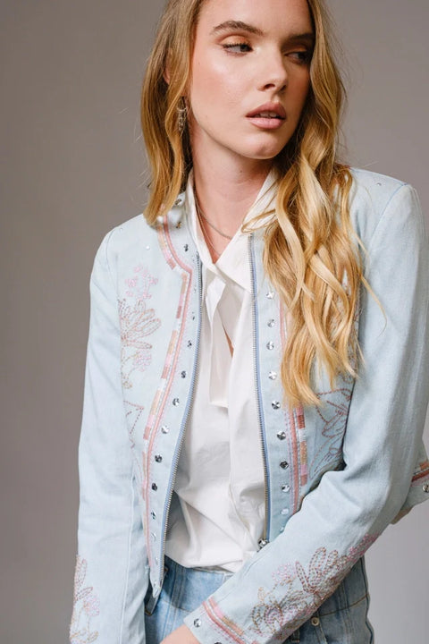 Embroidered Studded Denim Jacket