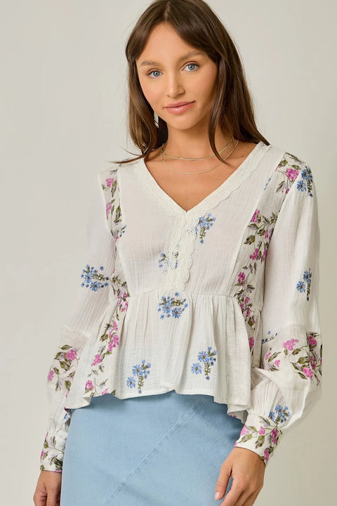 Embroidery Mixed Print Blouse