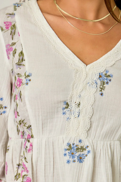 Embroidery Mixed Print Blouse
