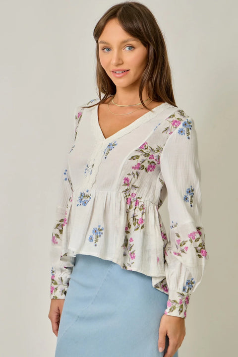 Embroidery Mixed Print Blouse
