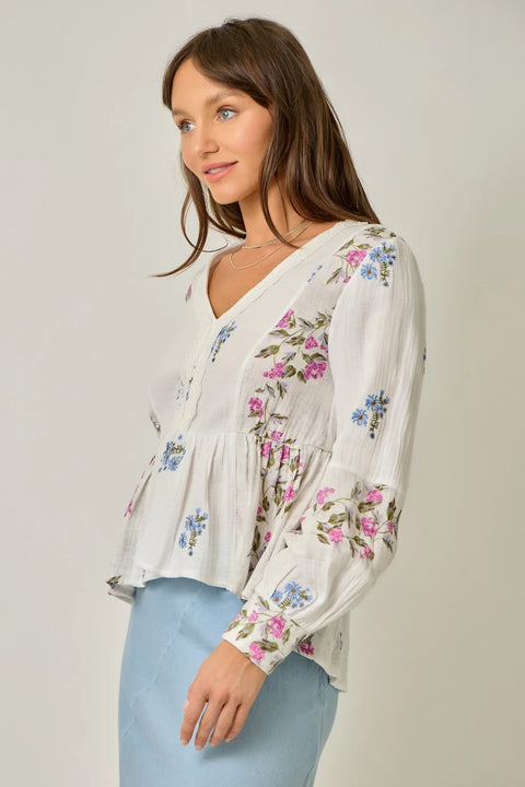 Embroidery Mixed Print Blouse