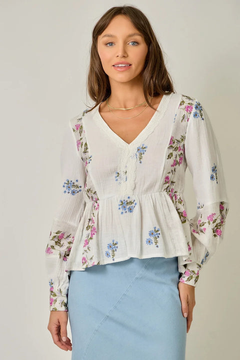 Embroidery Mixed Print Blouse