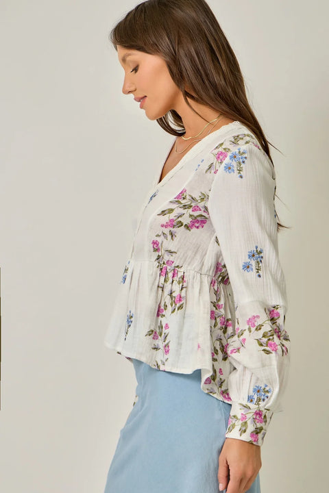 Embroidery Mixed Print Blouse