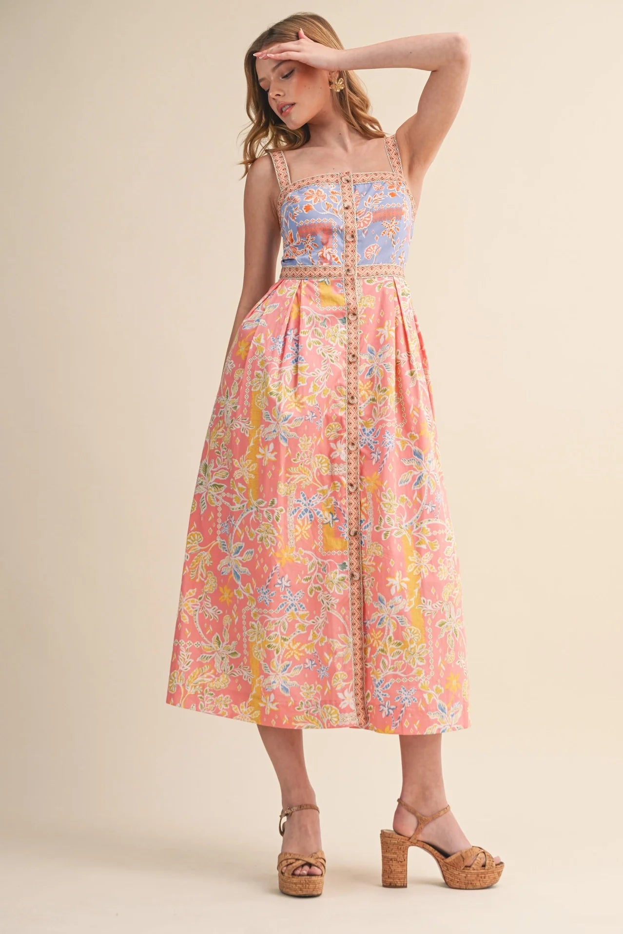 Exclusive Floral Button Down Tape Trim Midi Dress